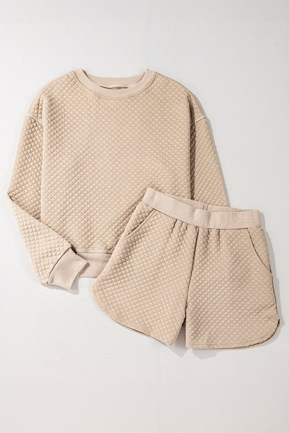 Parchment Solid Color Quilted Long Sleeve Top and Shorts Set