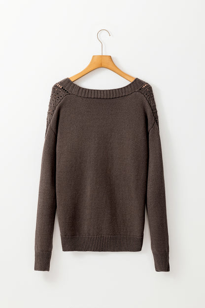 Dark Khaki Open Knit Drop Shoulder Sweater Cardigan