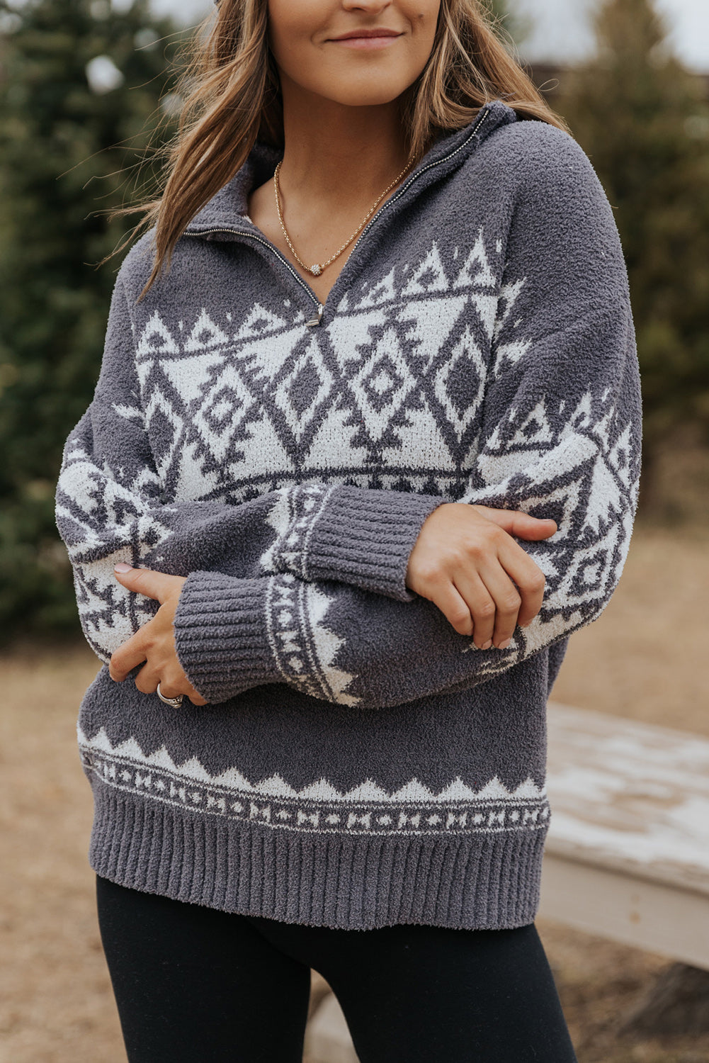 Gray Western Geometric Printed Quarter Zip Pullover Sweater