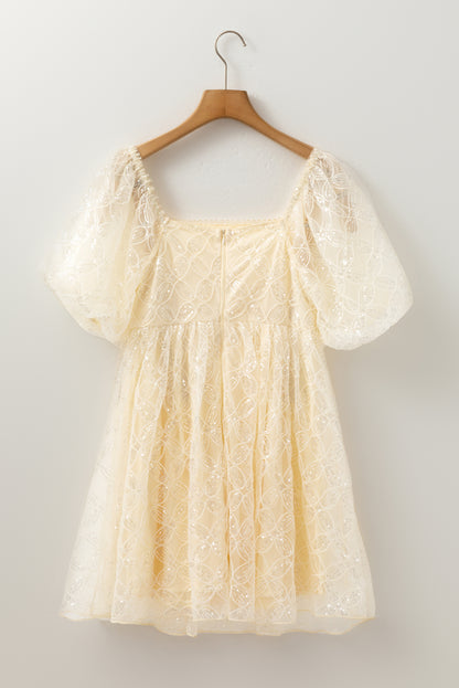 Apricot Sequined Lace Mesh Bubble Sleeve Square Neck Dress