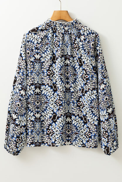 Blue Tribal Print Lace-up Frilled Neck Puff Sleeve Blouse