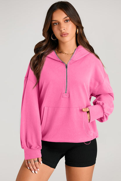 Bonbon Solid Kangaroo Pocket Half Zipper Oversized Hoodie