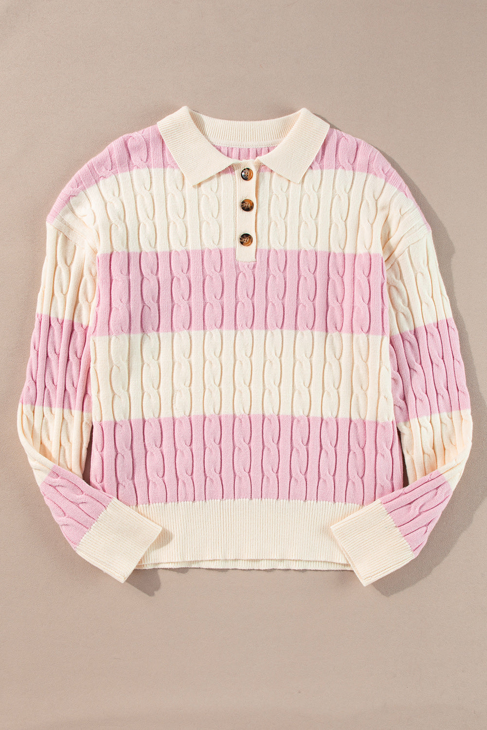 Pink Stripe Cable Knit Collared Henley Sweater