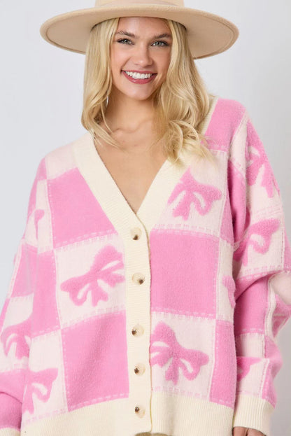 Pink Bowknot Checkered Pattern V Neck Drop Shoulder Button Up Cardigan