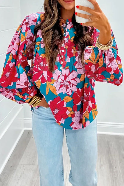 Red Floral Printed Balloon Sleeve Half Buttons Blouse