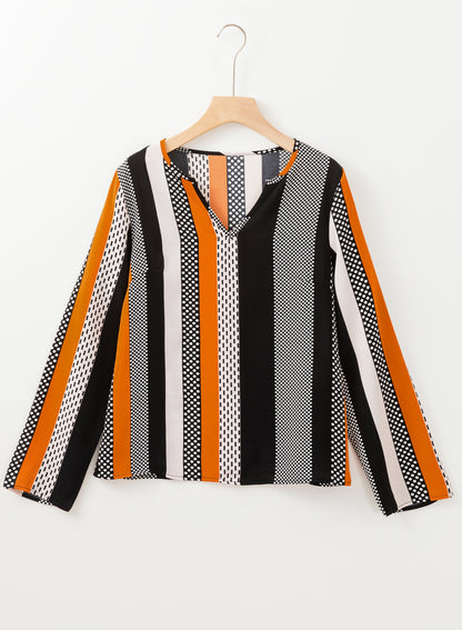 Orange Geo Print Colorblock Notched V Neck Blouse