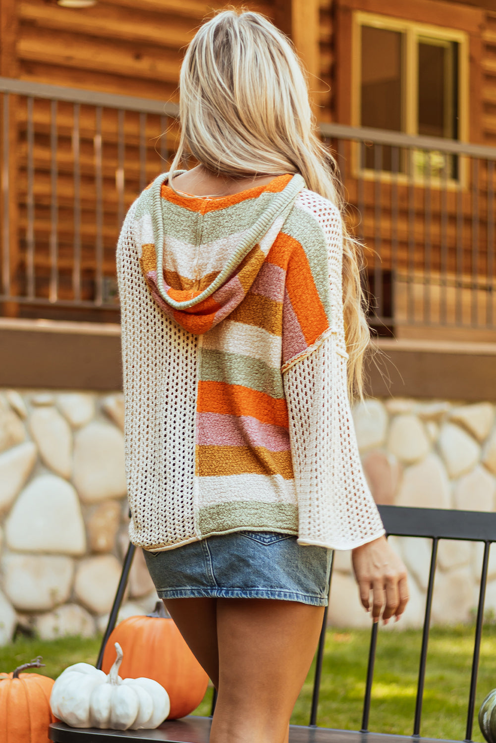 Beige Oversized Colorblock V-Neck Hooded Sweater