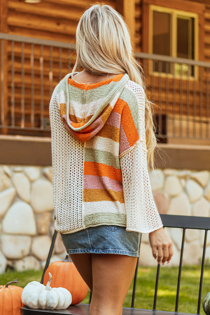 Beige Oversized Colorblock V-Neck Hooded Sweater