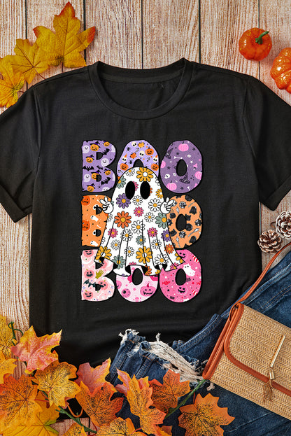 Black BOO Floral Ghost Print Crew Neck Halloween T-Shirt