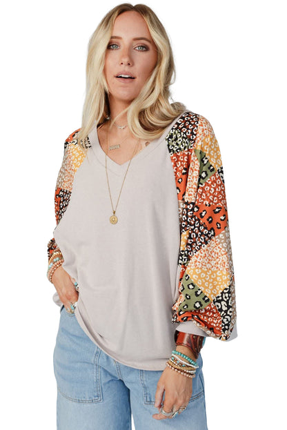 Parchment Contrast Printed Raglan Sleeves Patchwork V Neck Loose Top