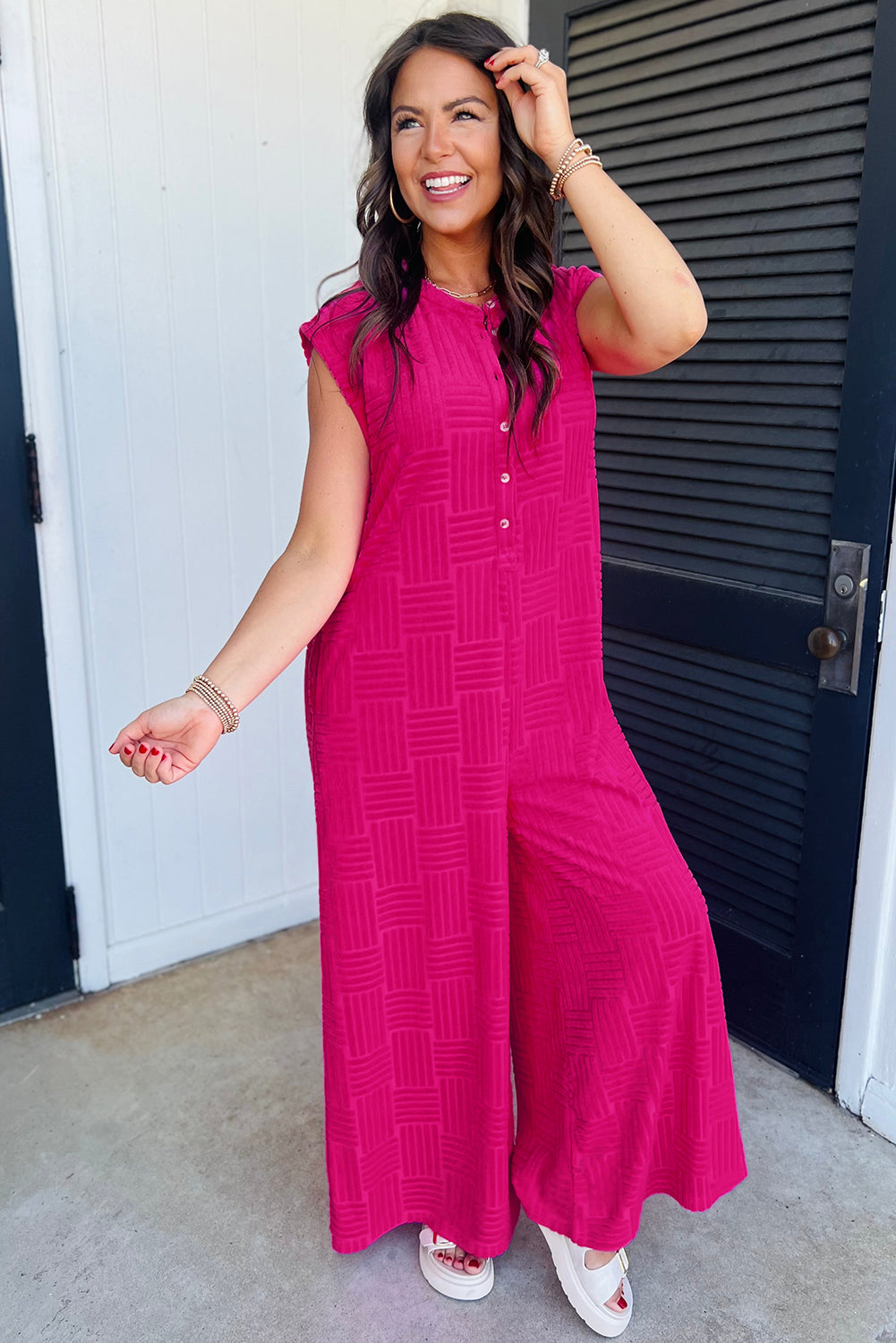 Bright Pink Terry Textured Sleeveless Button Front Wide Leg Jumpsuit