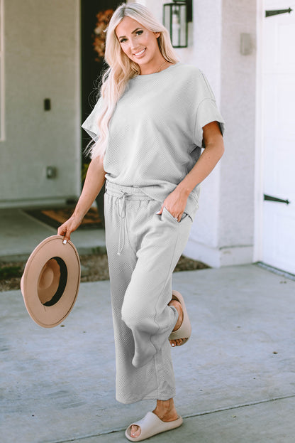 Gray Textured Loose Fit T Shirt and Drawstring Pants Set