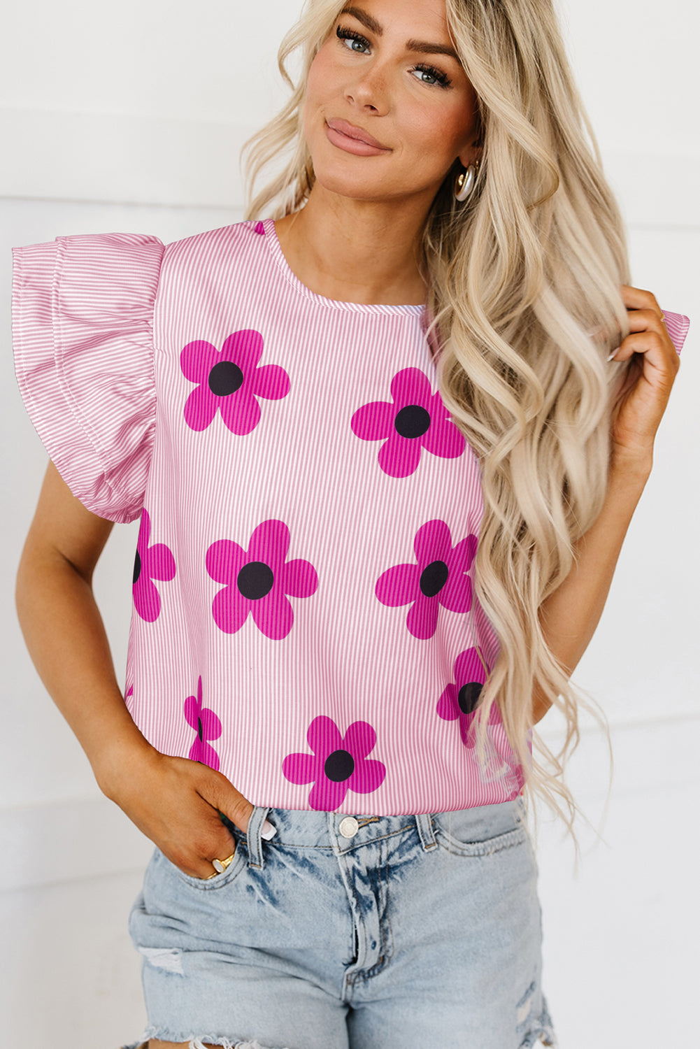 Pink Pinstripe Floral Print Ruffled Flutter Sleeve Blouse