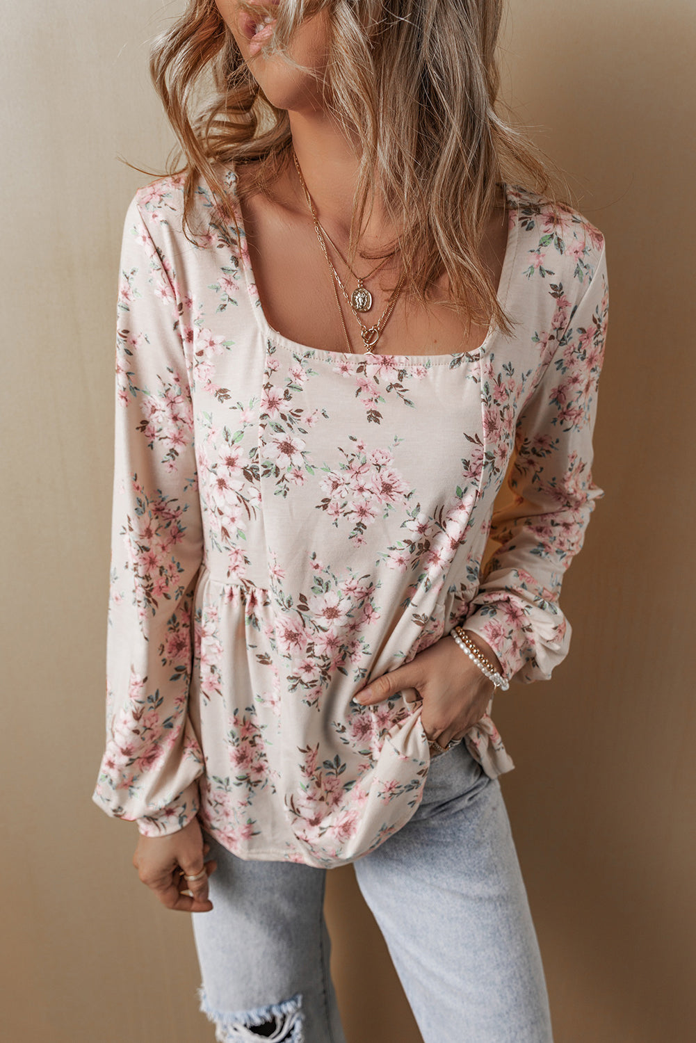 Pink Floral Print Pleated U Neck Loose Fit Blouse