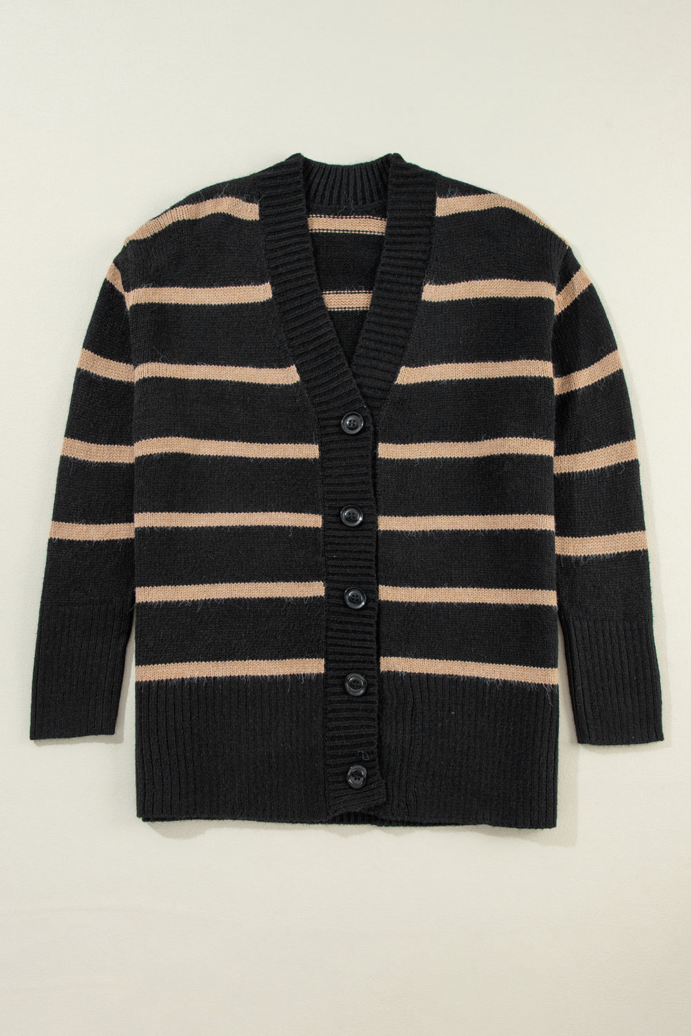 Black Stripe Buttoned V-Neck Drop Shoulder Loose Cardigan