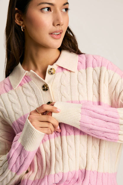 Pink Stripe Cable Knit Collared Henley Sweater