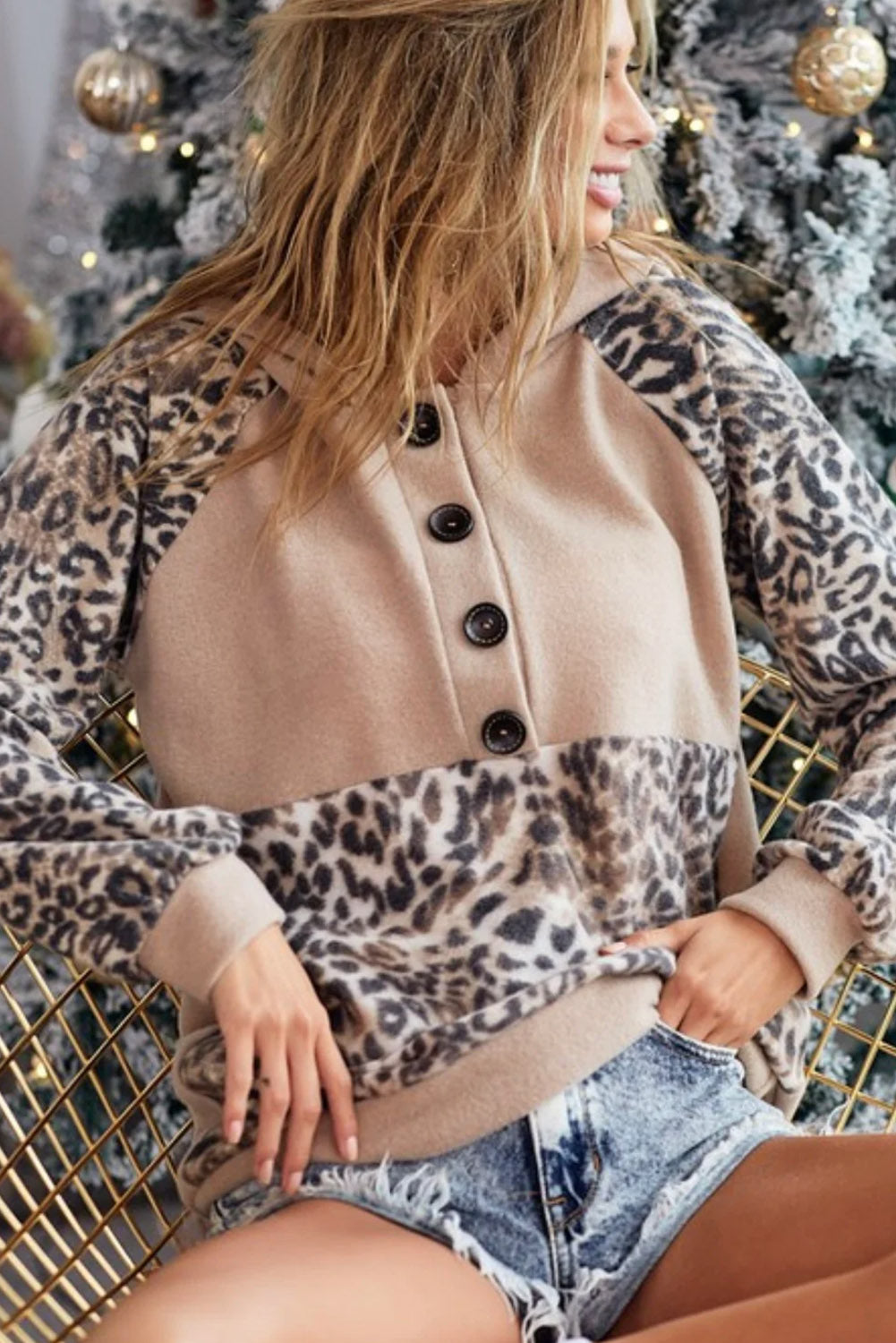 Leopard Print Buttoned Neckline Raglan Sleeve Hoodie - OniTakai