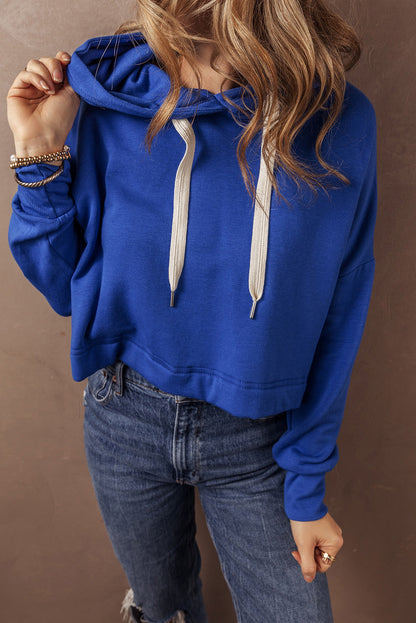 Dark Blue Solid Drop Shoulder Drawstring Cropped Hoodie