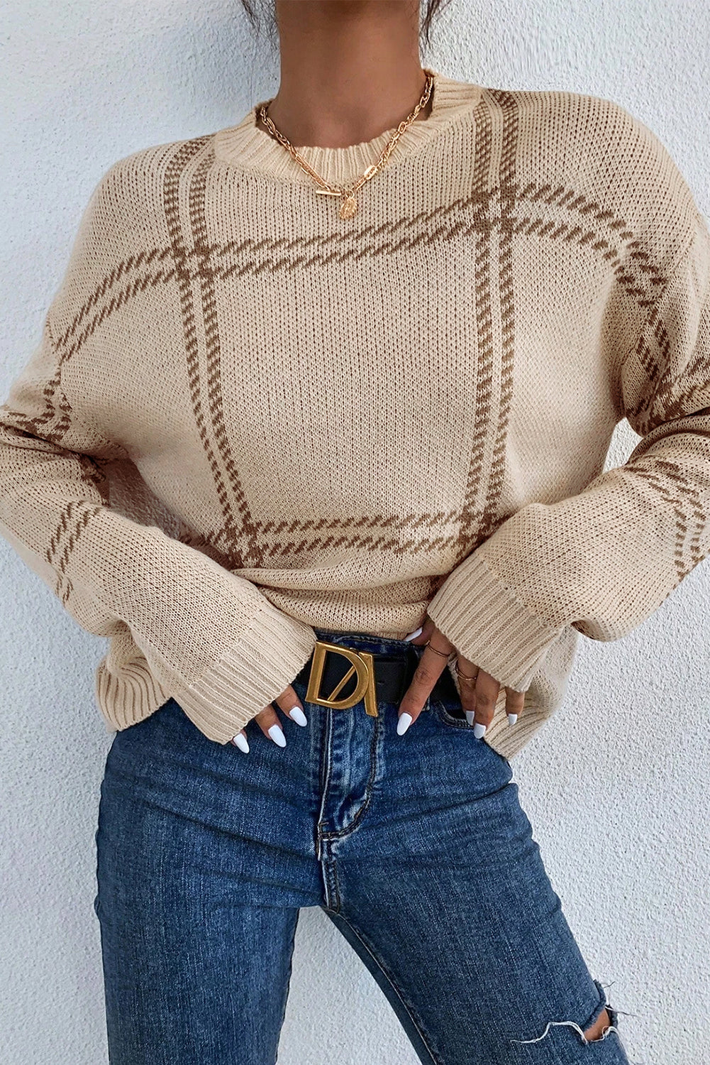 Khaki Plaid Pattern Knitted Drop Shoulder Sweater