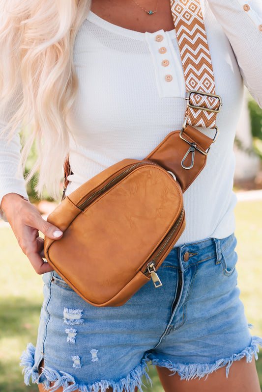 Brown Faux Leather Zipped Crossbody Chest Bag