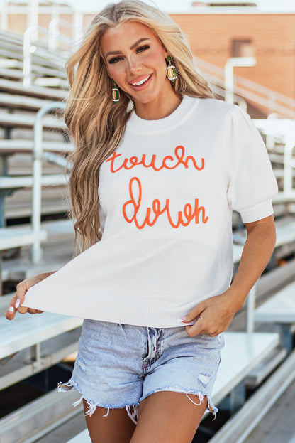 White Touchdown Tinsel Puff Short Sleeve Crew Neck Sweater