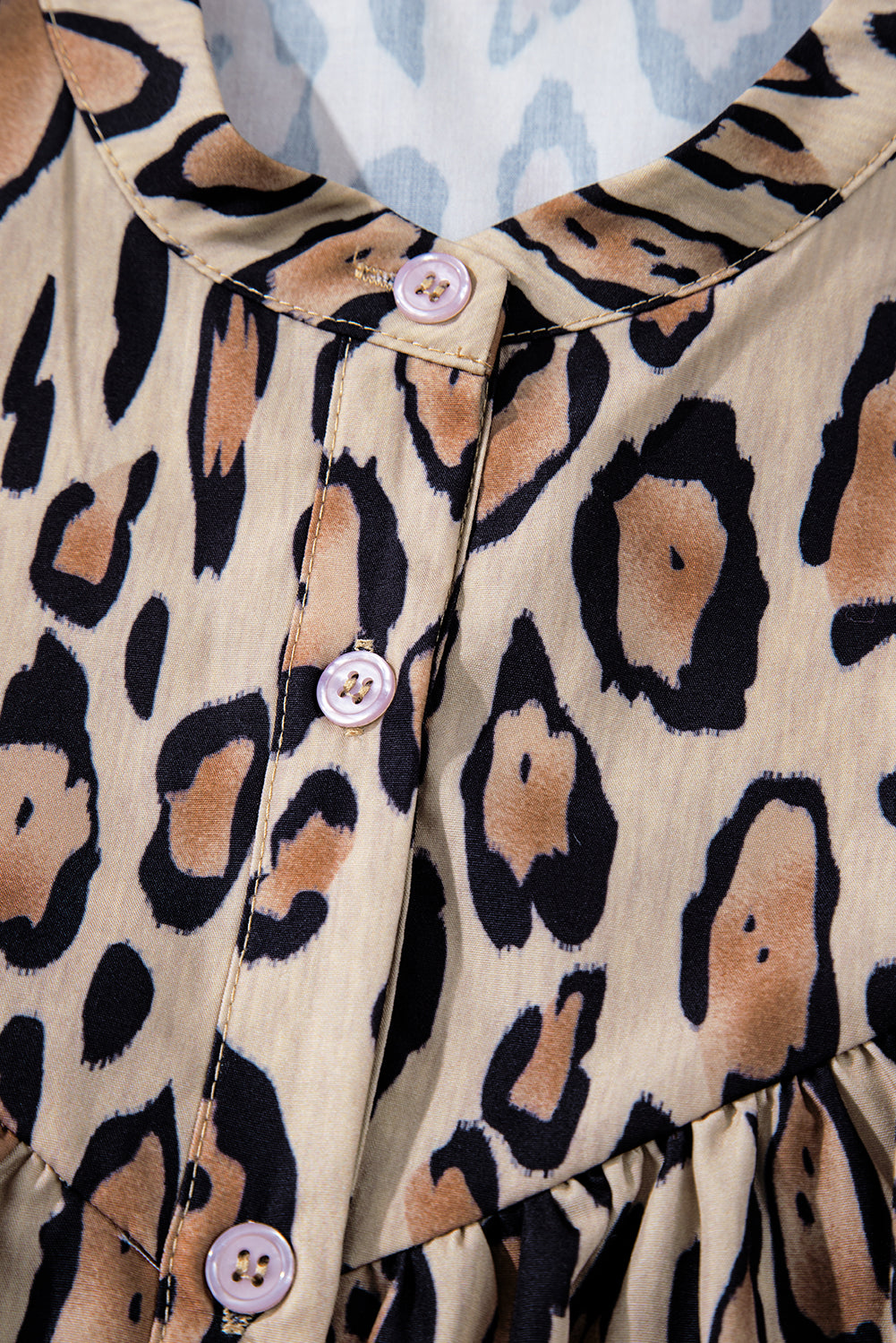 Light French Beige Oversized Leopard Print Balloon Sleeve Casual Shirt