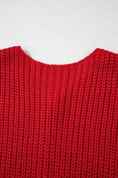 Fiery Red Solid Textured Knit Side Pockets Buttoned Sweater Vest