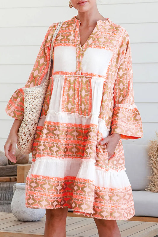 Orange Geometric Print Ruffle Tiered Button V-Neck Mini Dress