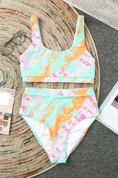 Sky Blue Abstract Waves Print High Waist Bikini Swimsuit