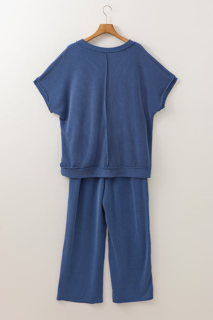 Sail Blue Ribbed V Neck Tee and Pants Plus Size Set