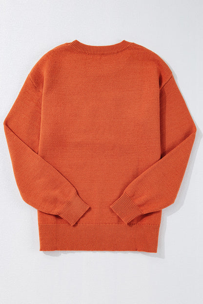 Orange Boo Knitted Pattern Ribbed Edge Drop Shoulder Sweater