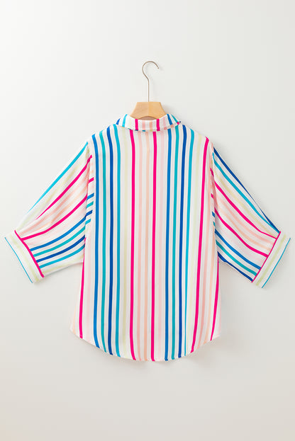 Pink Stripe 3/4 Sleeve Button Up Casual Shirt