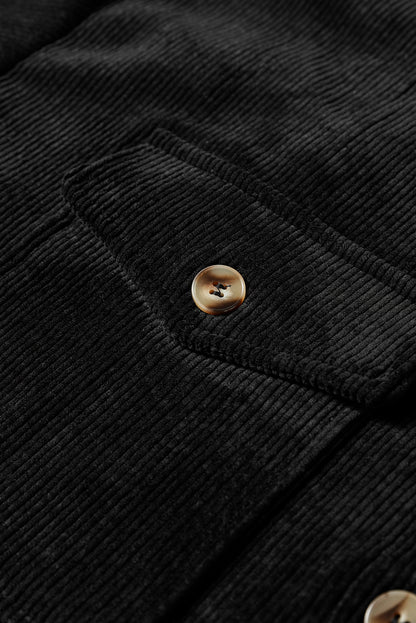 Black Corduroy Flap Pocket Button Up Shacket