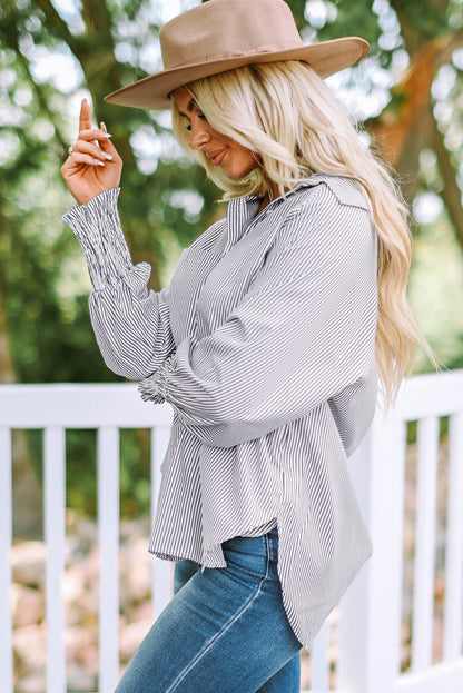 Smocked Cuffed Striped Boyfriend Shirt with Pocket