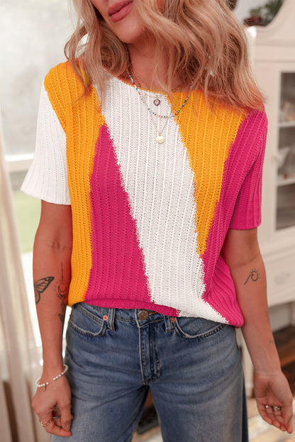 Orange Textured Knit Colorblock Short Sleeve Sweater