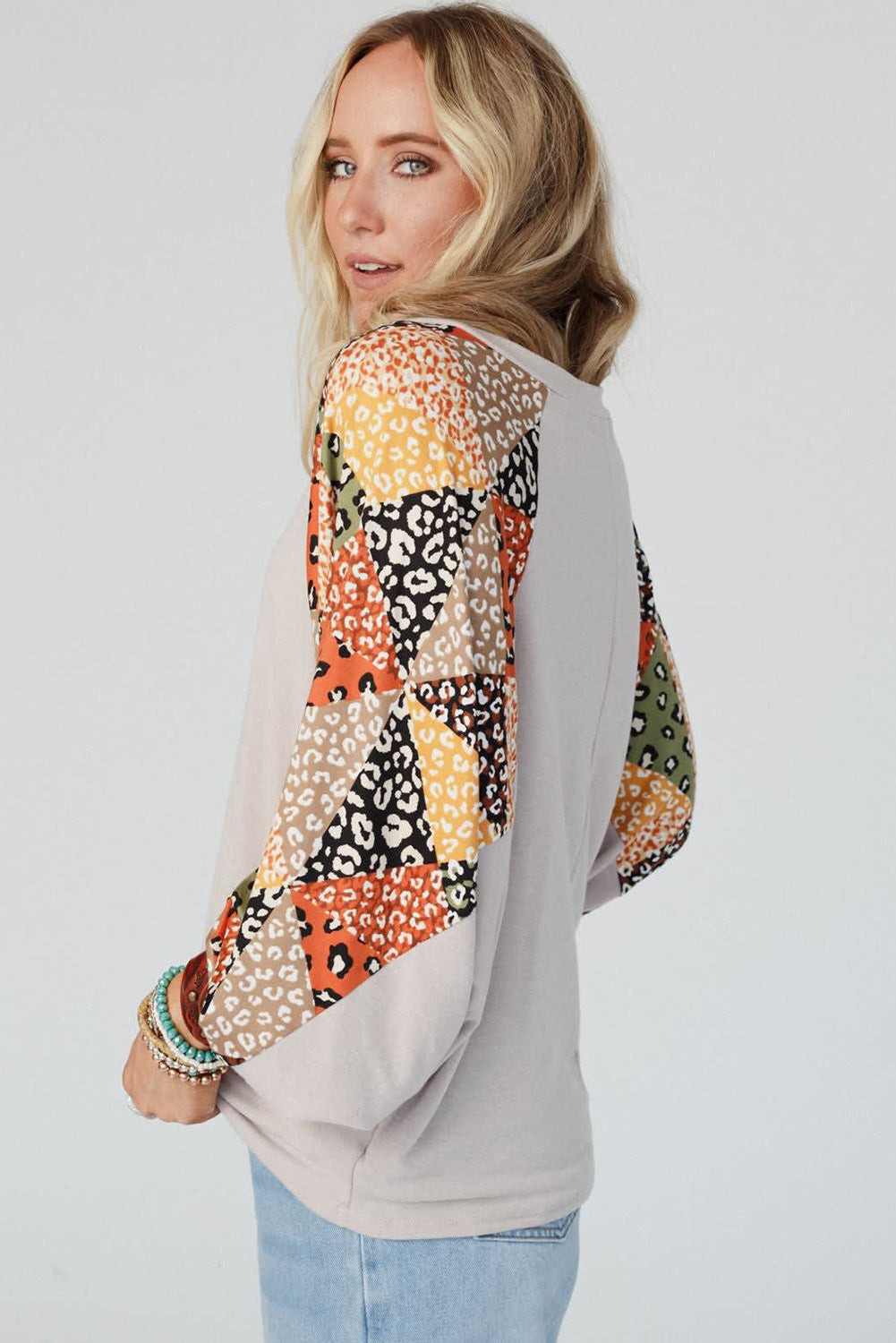 Parchment Contrast Printed Raglan Sleeves Patchwork V Neck Loose Top