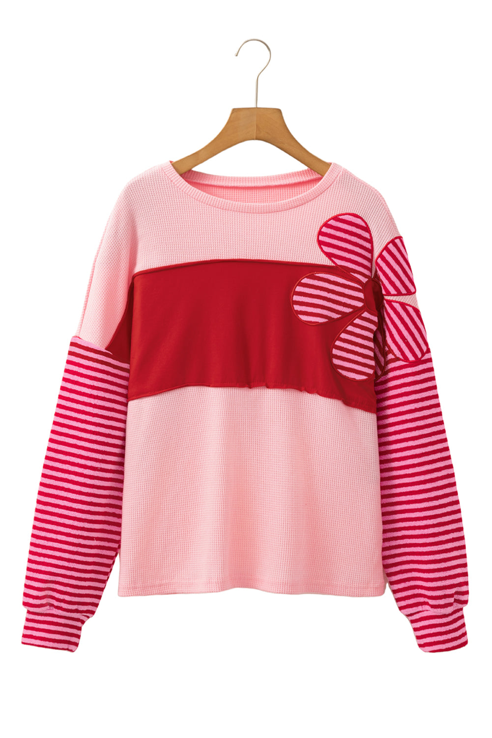 Pink Floral Patch Color Block Striped Sleeve Textured Top