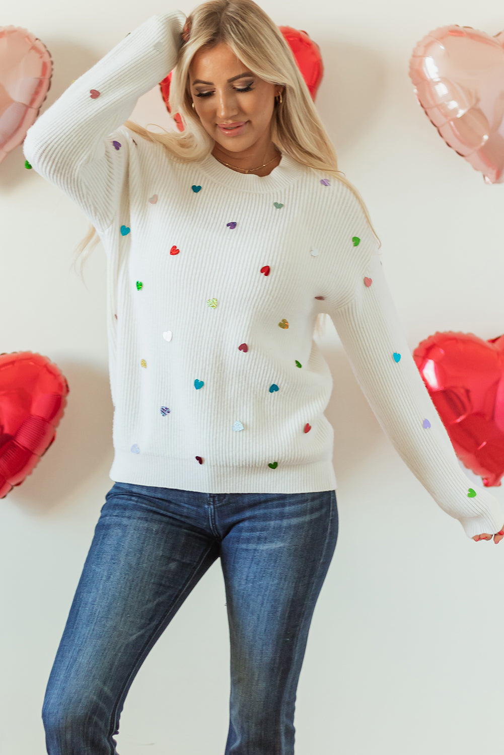 Beige Sequin Heart Shape Waffle Knit Round Neck Sweater