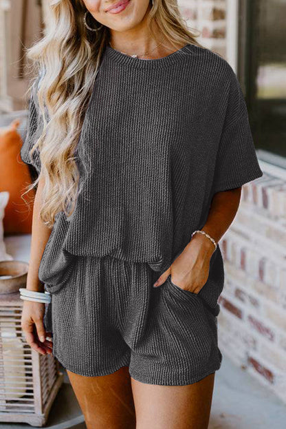 Carbon Grey Ribbed Textured Knit Loose Fit Tee and Shorts Set