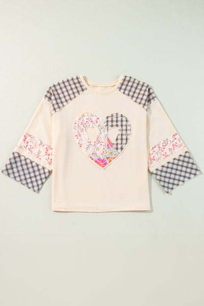 Beige Plaid Floral Peace Heart Graphic Wide Long Sleeve Top