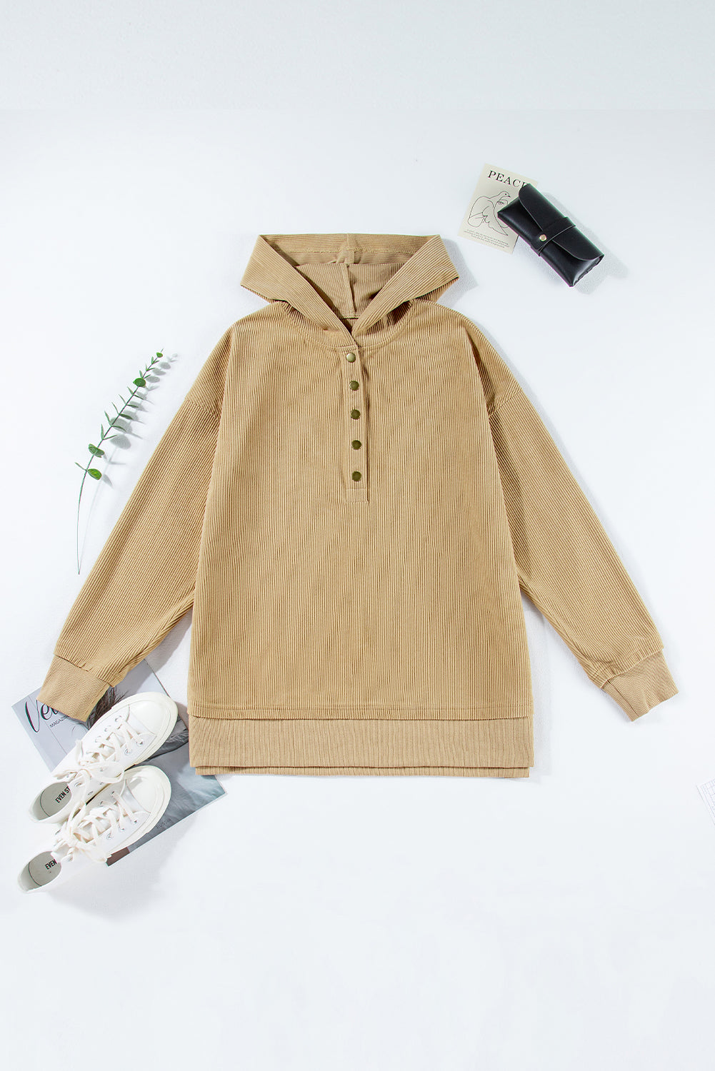 Simply Taupe Solid Ribbed Knit Buttoned Drop Shoulder Oversized Hoodie