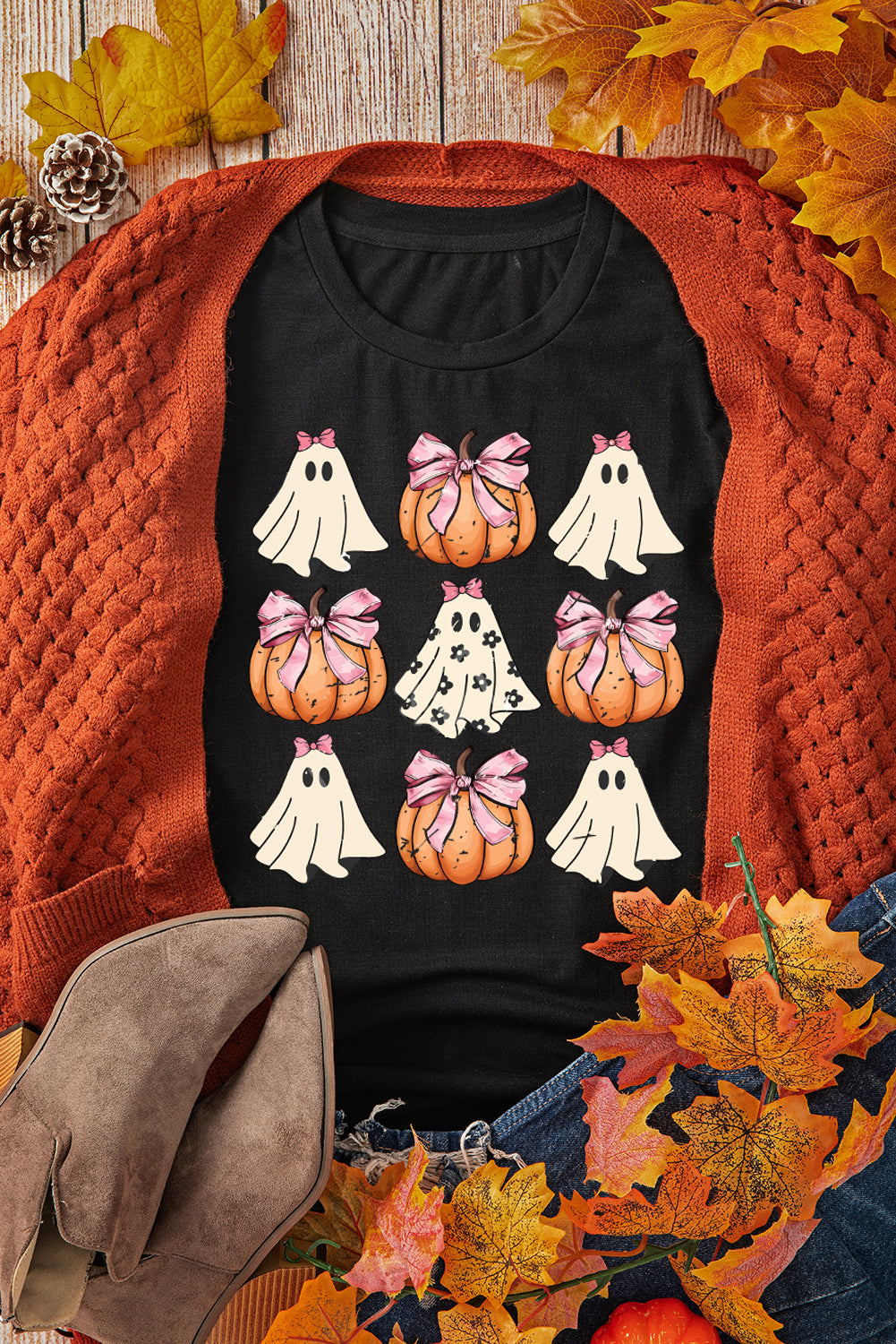 Black Bowknot Ghost Pumpkin Graphic Halloween T-Shirt