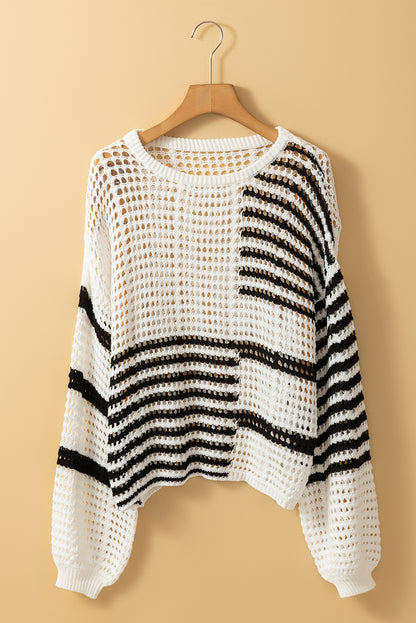 White Stripe Contrast Striped Crochet Puff Sleeve Sweater