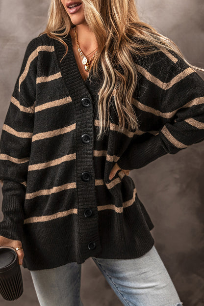 Black Stripe Buttoned V-Neck Drop Shoulder Loose Cardigan