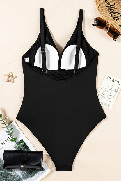 Black V Neck Twist Ruched Crisscross Backless One-Piece Swimsuit