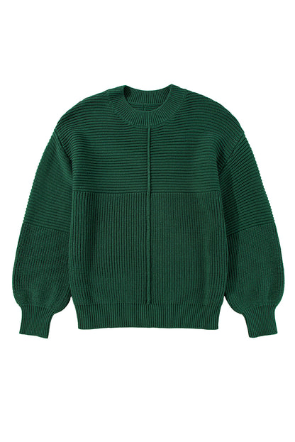 Blackish Green Textured Knit Crewneck Lantern Sleeve Sweater