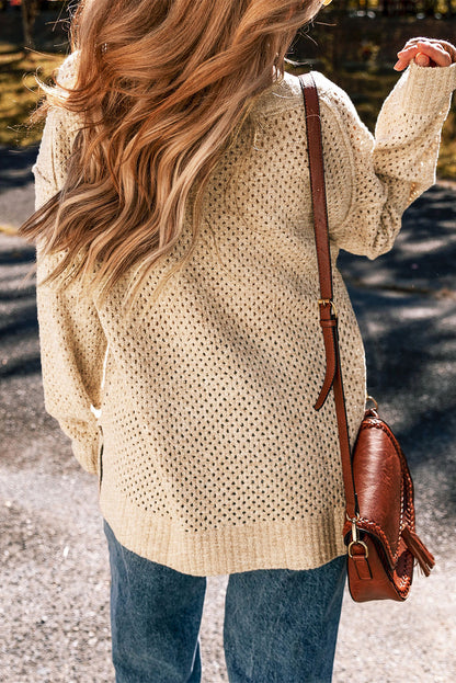 Parchment Loose Eyelet V Neck Drop Shoulder Sweater