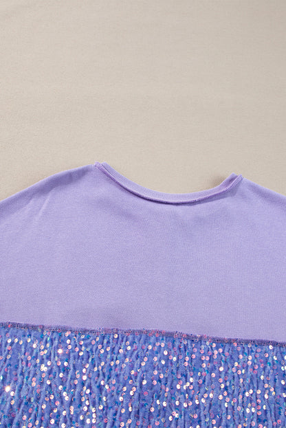 Lilac Sequin Patchwork High Low Hem Henley Sweatshirt