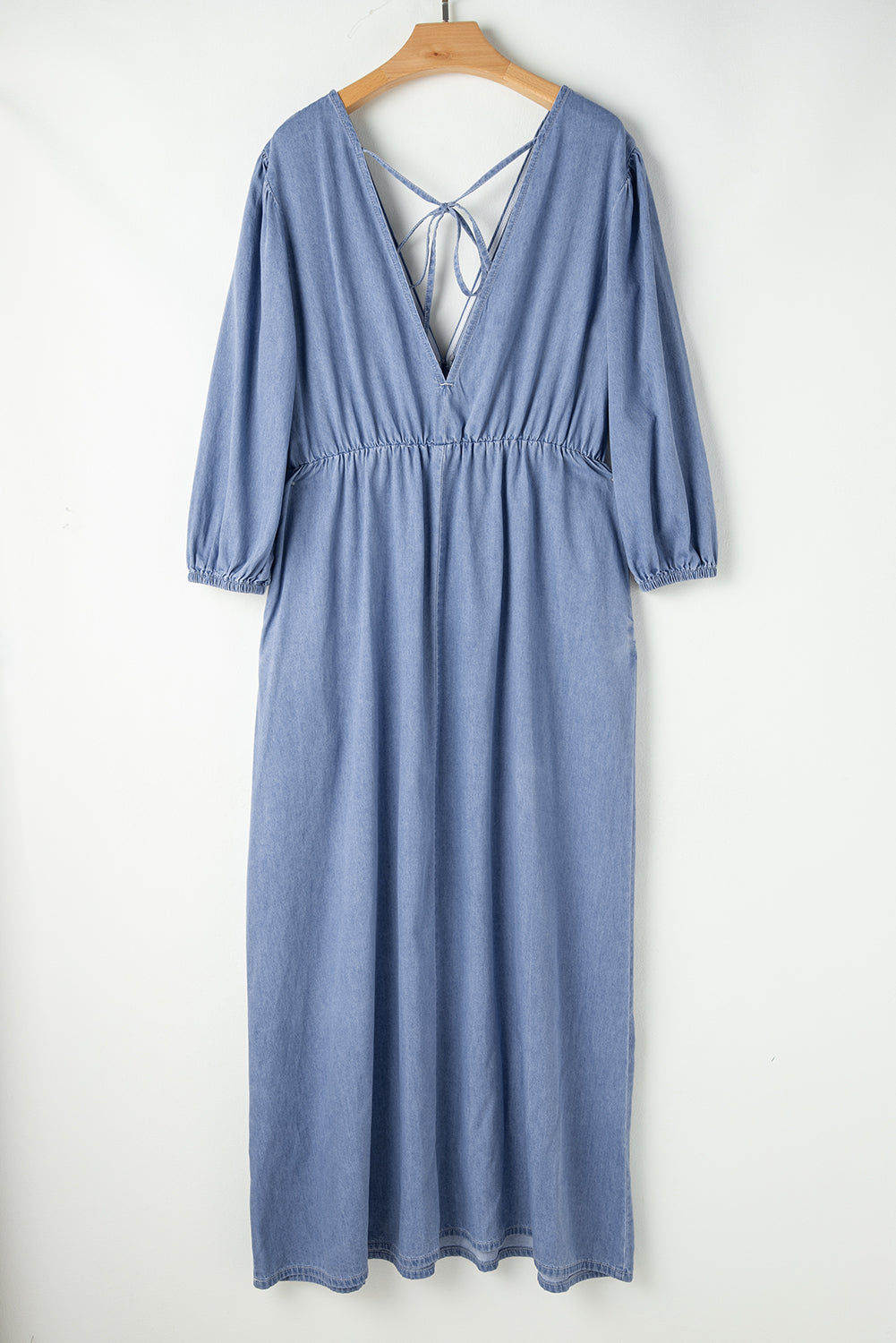 Myosotis Chambray Deep V-Neck Bracelet Sleeve Maxi Dress