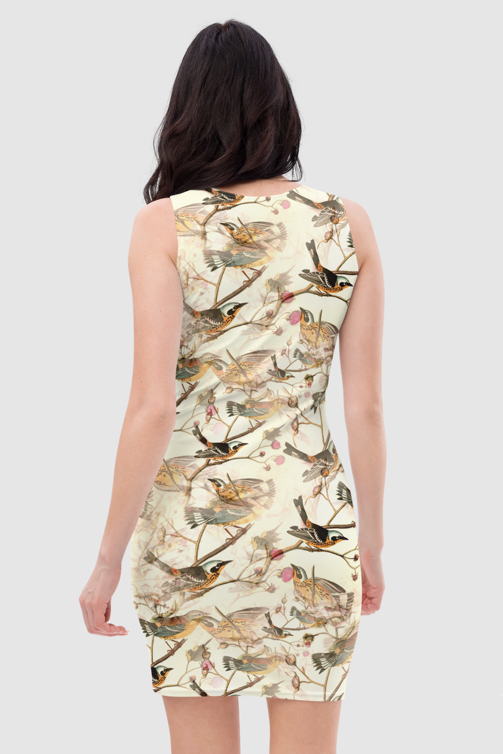 Vintage Floral Perched Birds Pattern Women's Sleeveless Fitted Sublimated Mini Dress